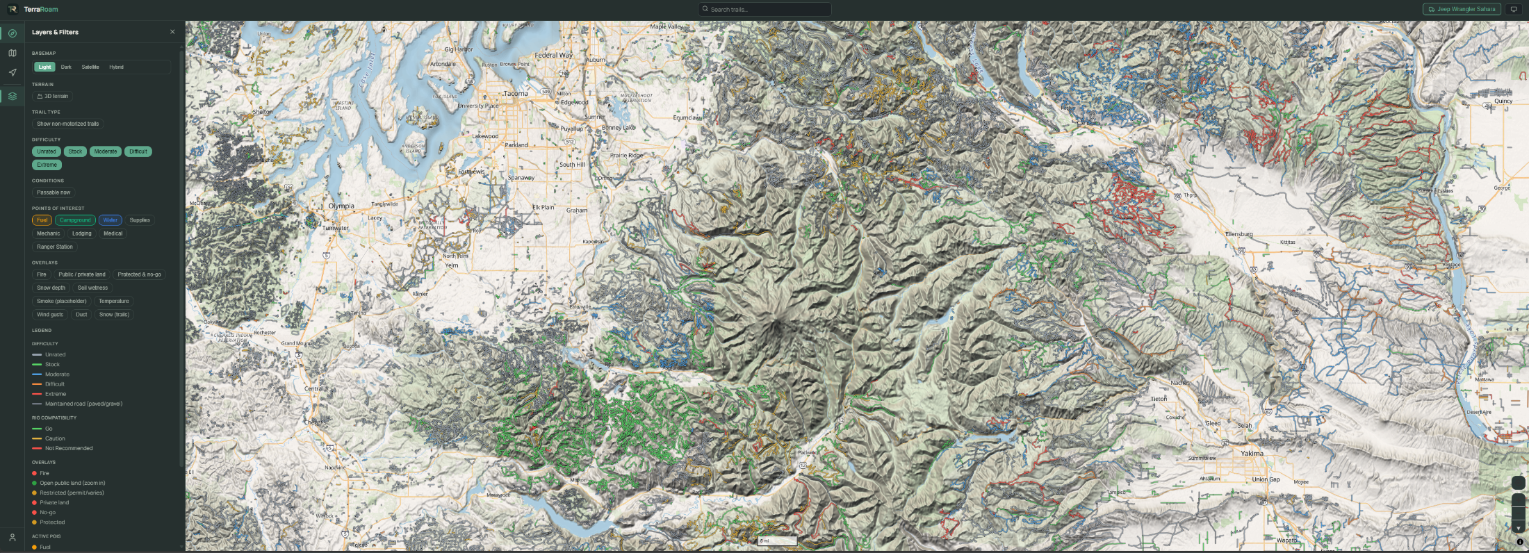 TerraRoam on the web showing graded off-road routes, conditions, and land access layers over the Washington Cascades