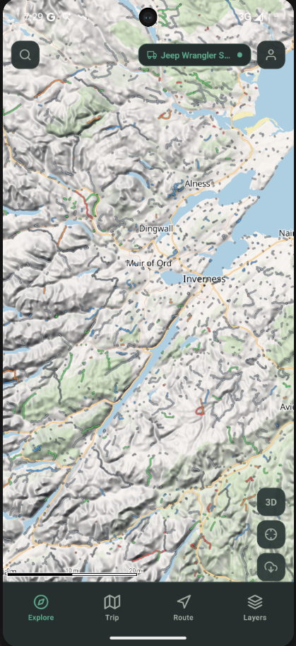 TerraRoam on Android showing graded off-road routes in the Scottish Highlands near Inverness