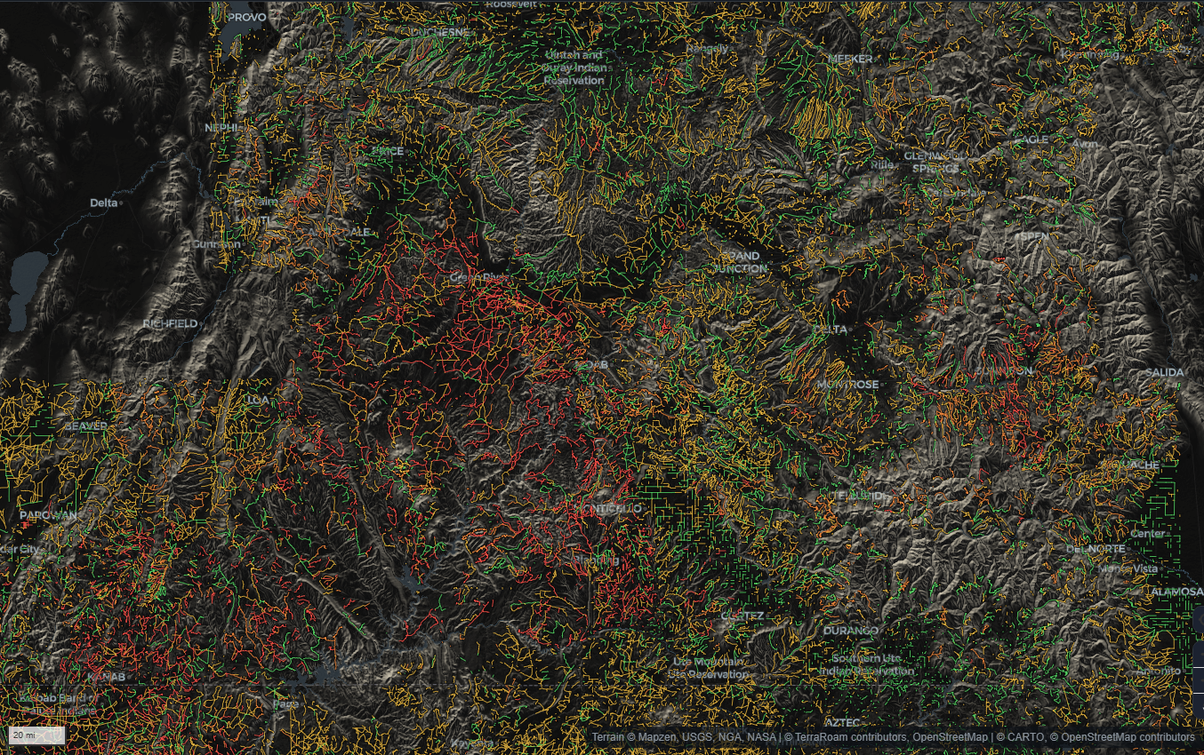 TerraRoam map of Utah and Colorado showing tens of thousands of trails colored by difficulty over shaded terrain